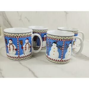 Oneida Sakura Coffee Mug Tea Cup Snowman 3 1/2" Debbie Mumm Stoneware x4 Vintage